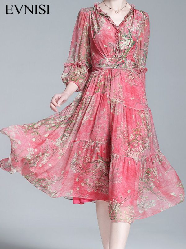EVNISI Summer Women Boho Chiffon Dress V-Neck Red Elegant Office Floral Printing A-line Dresses Chic
