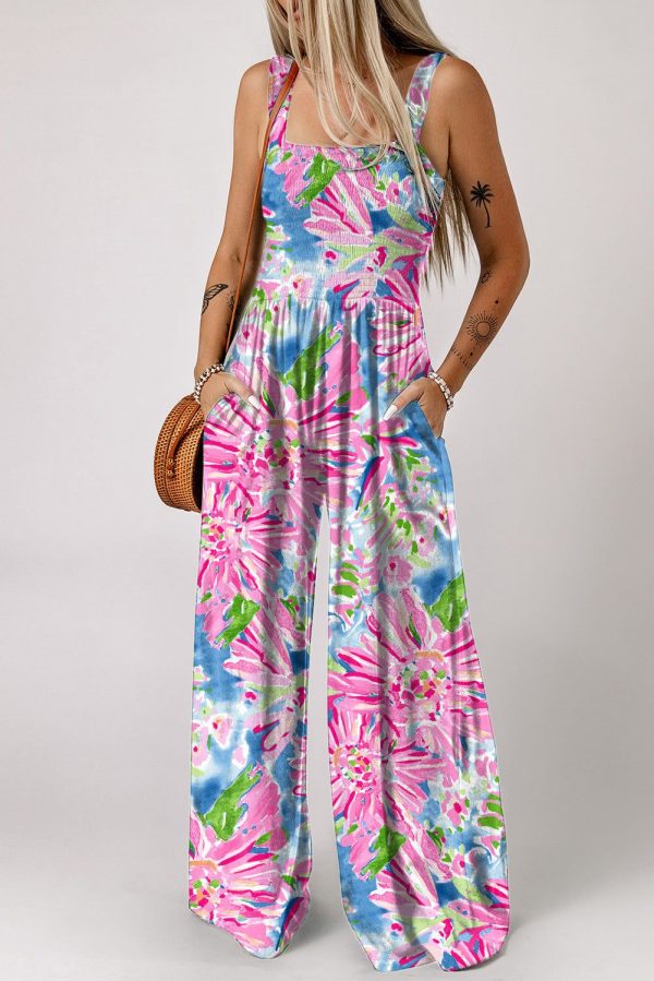 Hazel Blues® |  Floral Smocked Square Neck Jumpsuit with Pockets - Floral / M