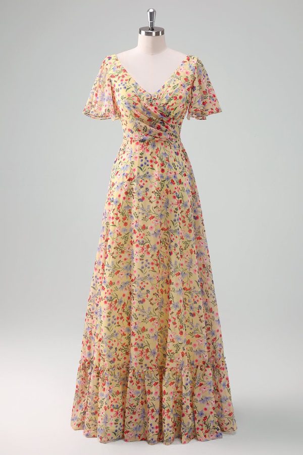 Zapaka Women Yellow Flower Printed Chiffon A-Line Prom Dress V-neck Short Sleeves Long Formal Dress