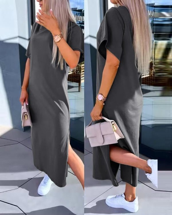 Fashion Simple O Neck Short Sleeve Solid Dress For Women New 2024 Summer Casual Loose Comfortable