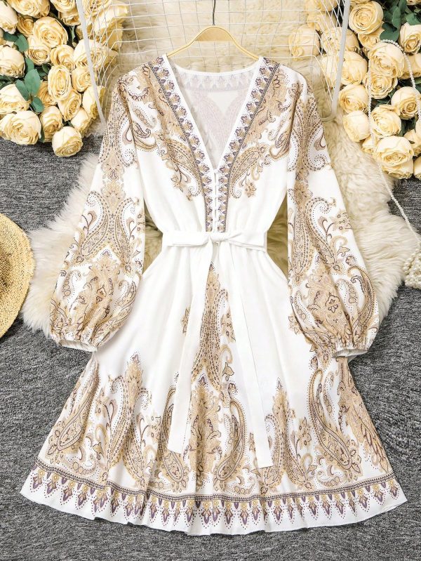 Plus Size Women Placement Print Elegant V-Neck Lantern Sleeve A-Line Midi Dress