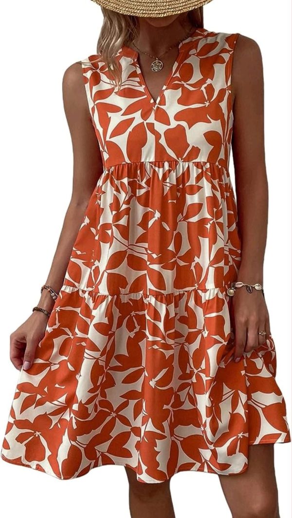 SOLY HUX Women's Summer Boho Print Notched V Neck Sleeveless Ruffle Hem Loose Dress