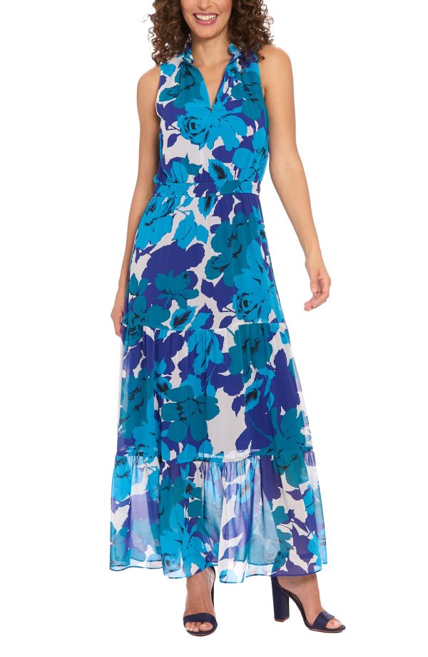 London Times Floral Sleeveless Tiered Chiffon Maxi Dress in Soft White/Teal at Nordstrom Rack, Size Medium