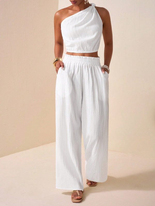 2 Pieces Set 2025 Summer: Strapless/Off-Shoulder Top And Relaxed Long Pants - Versatile For Music Festivals, Easter, Mother's Day, Western, Boho Styles, Birthday, Graduation, Daily Casual, Vacation, Cruise, Beach, Sunbathing, Trending, Elegant, Commuting, Business Casual