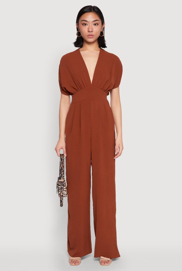 Womens Airy Dolman Sleeve Plunge Jumpsuit, Cognac, Size L