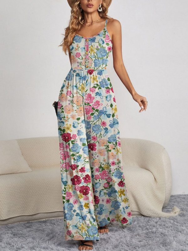 Explore More Collection - Decorative Button Spaghetti Strap Wide Leg Jumpsuit - Floral / XL