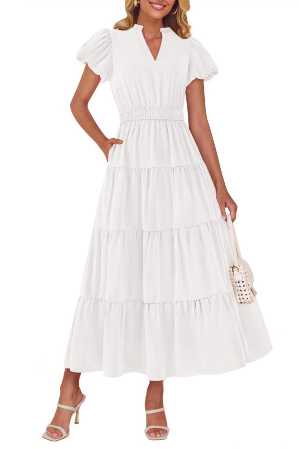 dowerme Womens Summer Dresses 2025 Casual Puff Sleeve V Neck Smocked Waist A-Line Tiered Maxi Prom Dress with Pockets