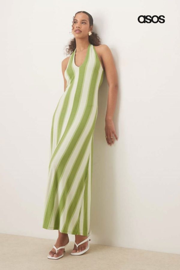 ASOS DESIGN halter maxi dress in green stripe-Multi