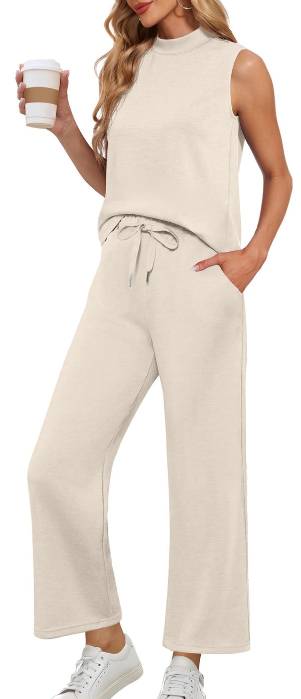 Lepunuo Two Piece Sets for Women Summer Mock Neck Sleeveless Top Wide Leg Pants Lounge Sets Vacation Travel Outfits