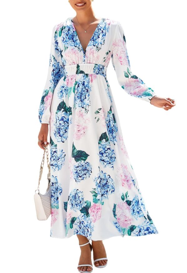 Maxigerui Women's Long Sleeve Boho Maxi Dress Floral Print Long Dress Pink Print