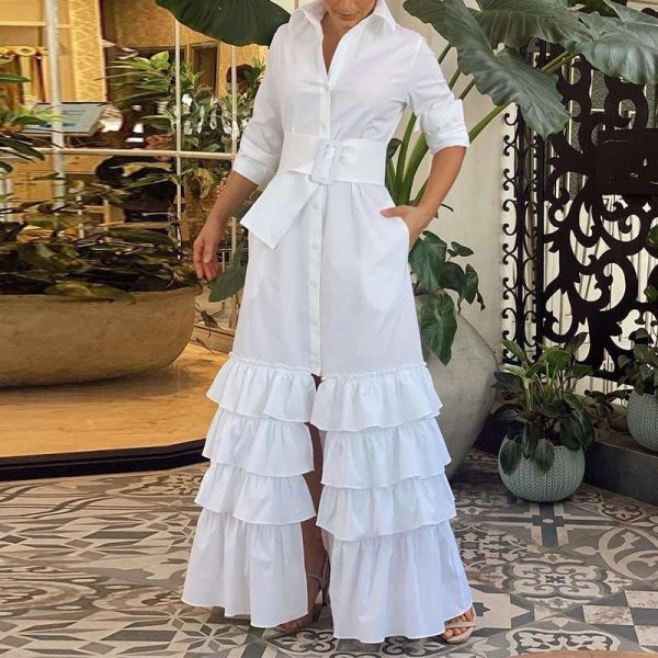 Women Party Maxi Dress 2023 VONDA Spring Holiday Dress Casual Vintage Long Sleeve Lapel Button Down
