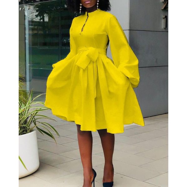 Elegant Women White Yellow Dress Fashion Casual Solid Color Lantern Sleeve African Dress Lady Office
