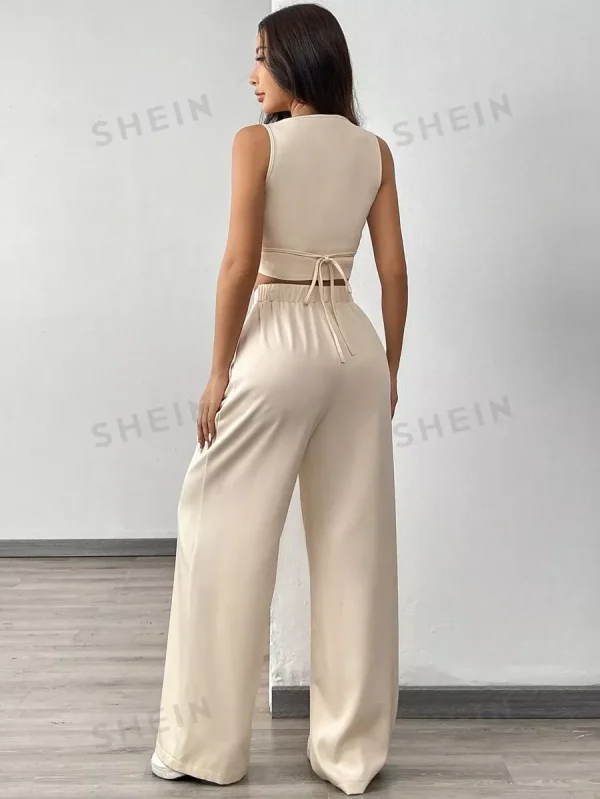 LYSMO 2pcs Women's Apricot Square Neck Sleeveless Cardigan Top And Casual Loose Wide Leg Pants Suit