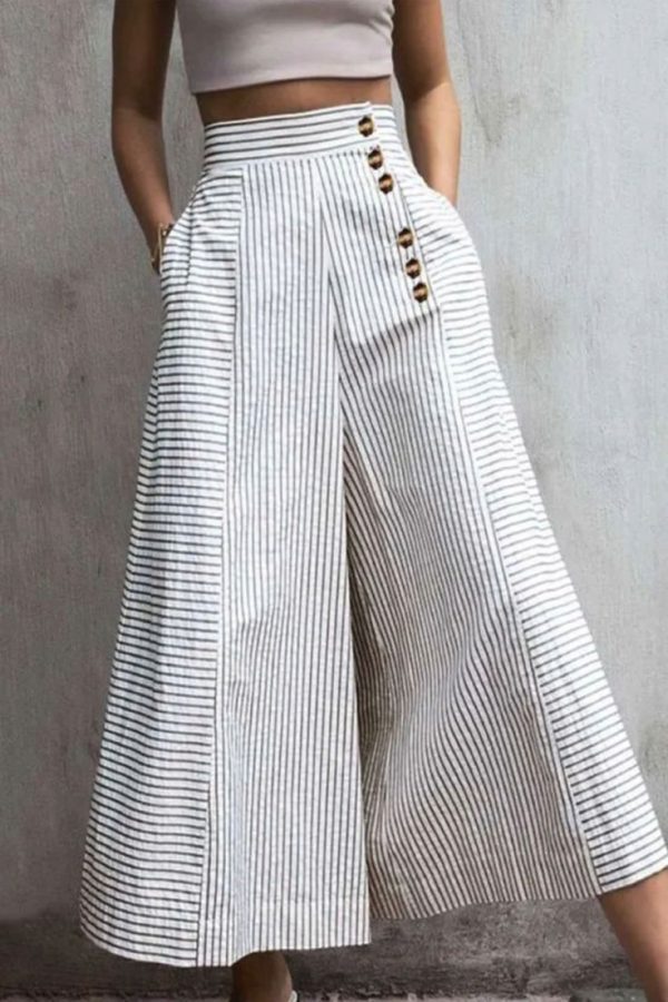 Casual Striped Pocket Buttons Loose High Waist Wide Leg Full Print Bottoms(3 Colors)