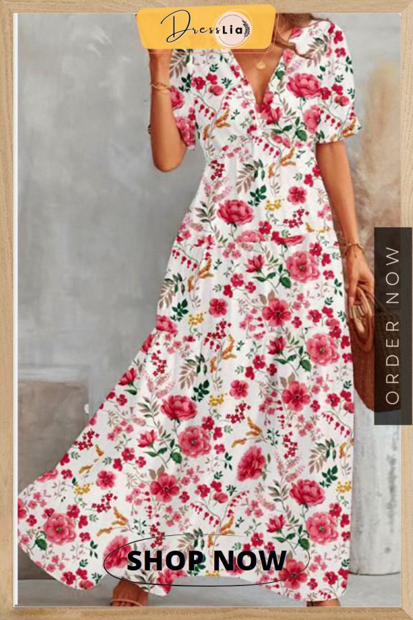 Sweet Elegant Floral Patchwork V Neck Waist Skirt Dresses