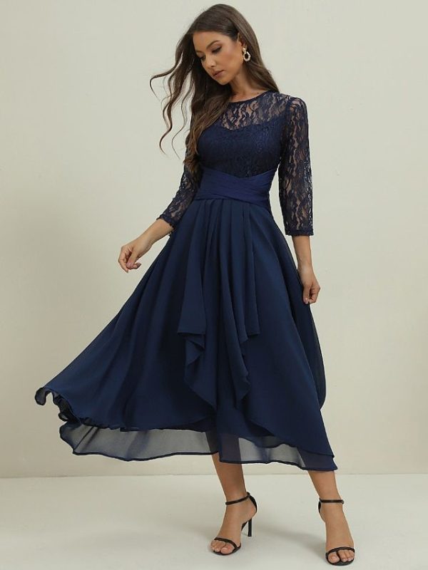 Femme Robe dentelle Robe de bal robe soirée Mousseline de soie Dentelle Patchwork Col Ras du Cou Manches 3/4 Robe mi-longue Formel robe hiver bleu marine Printemps Hiver de 2025 ? $57.99