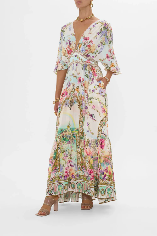 100% Silk Women's Flower Print Long Dress 2025 Summer Beaded V-Neck Flare Sleeve Elegant Loose Robe