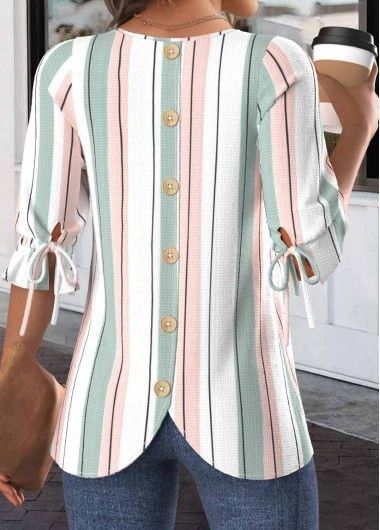 White Drawstring Striped Half Sleeve Round Neck Blouse