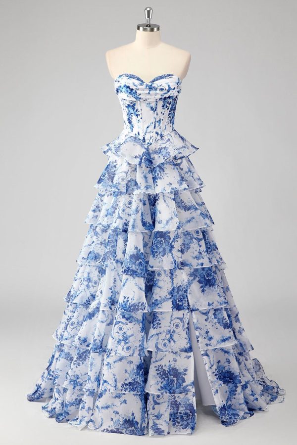ZAPAKASA Women Blue Long Prom Dress with Slit A-Line Sweetheart Tiered Corset Evening Dress