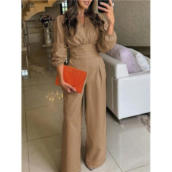 Varit Boutique Pants & Jumpsuits | Women's V-Neck Solid Color Long Sleeve Jumpsuit With Pressed Folds | Color: Brown | Size: Various