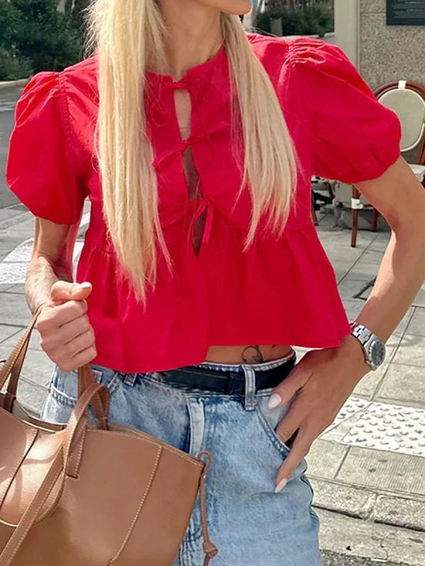 wsevypo Chic Summer Babydoll Shirts Solid/Stripe Short Women's Puff Sleeve Round Neck Tie-Up Front Peplum Blouses Top for Street - L / L