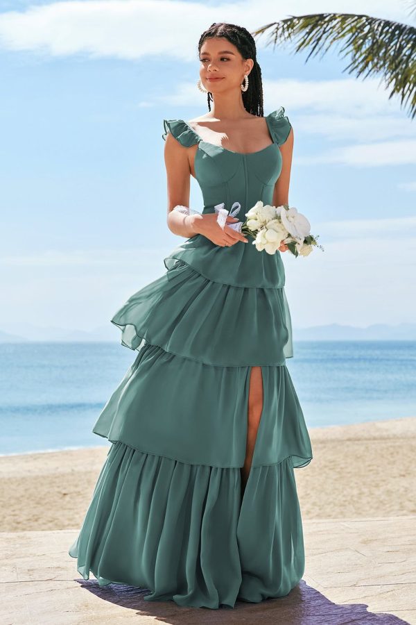Eucalyptus A-Line Corset Tiered Long Bridesmaid Dress With Ruffle Slit