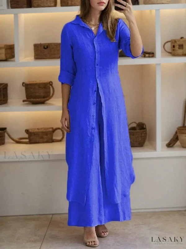 Lasaky - Women's Urban Chic Cotton Linen Long Sleeve Shirt and Wide Leg Pants Set - Autumn & Summer Style - Blue, XXL