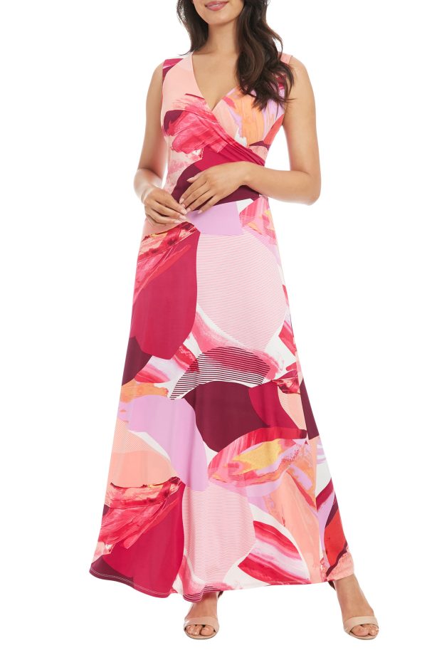 London Times Shirred Surplice Wrap Maxi Dress in White Fuchsia at Nordstrom Rack, Size 16