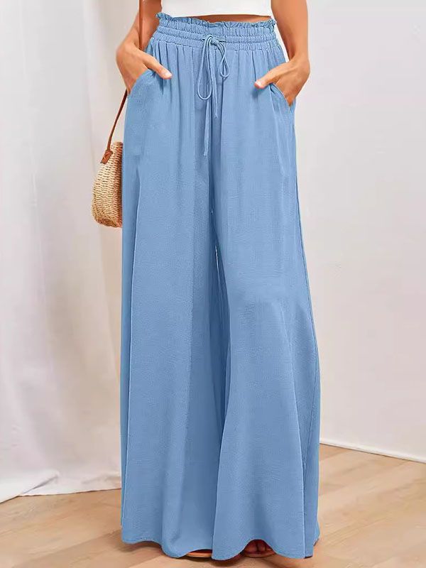 Drawstring Elasticity Pockets Solid Color High Waisted Loose Trousers Pants LIGHT BLUE-M