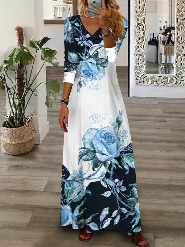 Loose Wrap Contrast Color Flower Print V-Neck Maxi Dresses BLUE-M