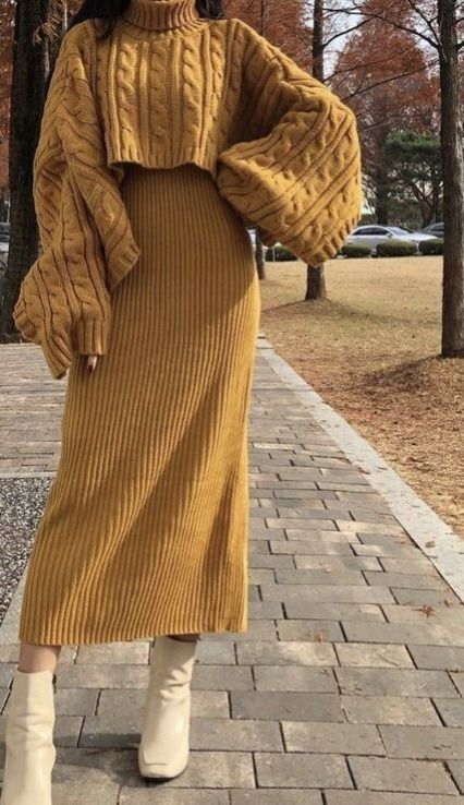 Lucuna Women's Cable Knitted 2 Piece Outfits Long Sleeve Turtleneck Sweater Top & Tank Midi Dress Se