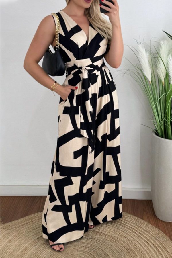 Hazel Blues® |  Printed Surplice Sleeveless Tie Waist Jumpsuit - Pale Blush / M