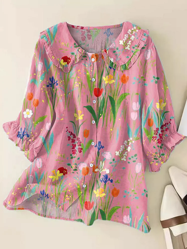 Women Floral Casual Shirts Summer Shawl Collar Printing Button Up Shirt Short Sleeve Top
