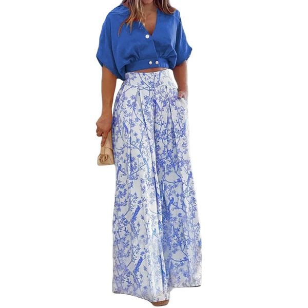 Canbebig Two Piece Summer Sets for Women Floral Outfits Short Sleeve Crop Tops and Wide Leg Boho Pants Sets Vacation Clothes
