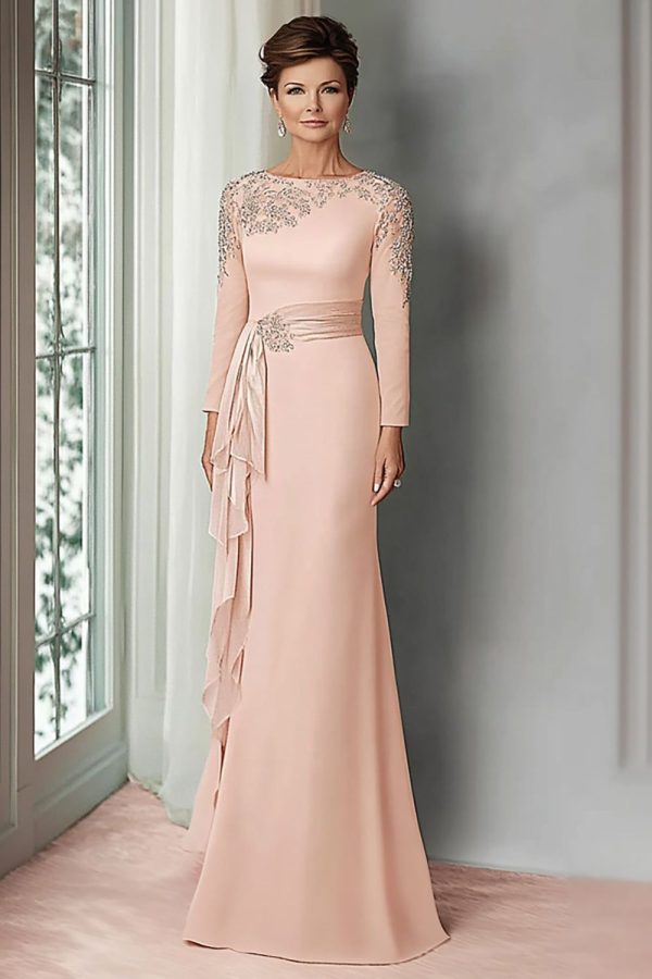 ZAPAKASA Women Blush Lace Sheath Mother Of The Bride Dress with Long Sleeves Satin Wedding Guest Dress with Belt
