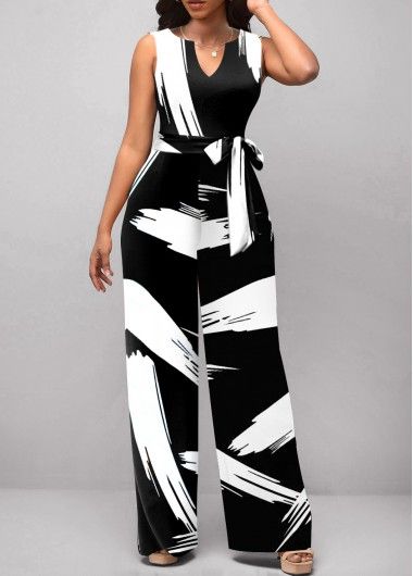 ROTITA Graffiti Print White Belted Split Neck Jumpsuit