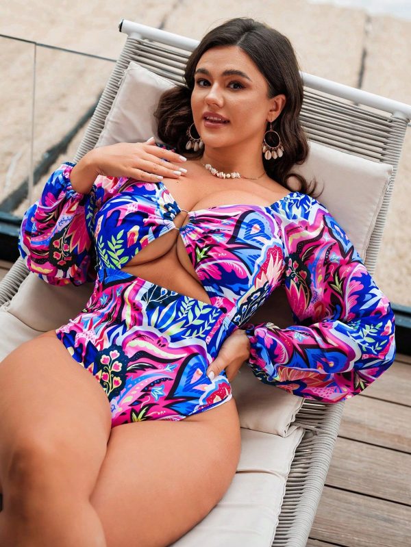 1pc Plus Size Women Asymmetrical Print With Mesh Sleeves One-Piece Swimsuit, Beach Vacation