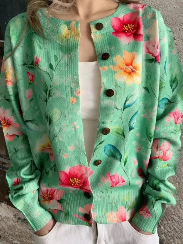 New Women Button Decor Floral & Leaf Print Cardigan, Lightweight Casual Crew Neck Long Sleeve Knit Sweater Jacket