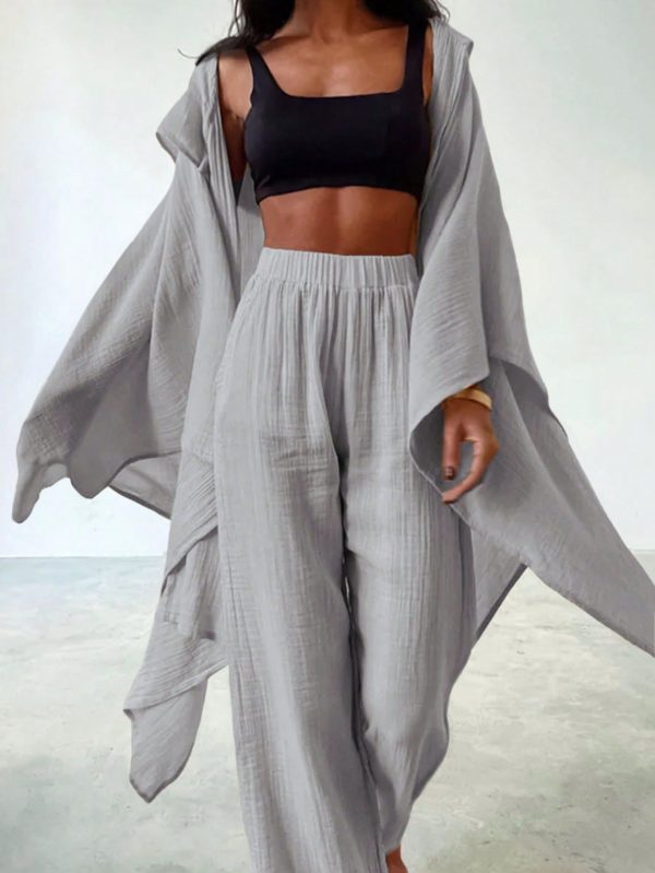 2pcs/Set Plus Size Women Solid Color Batwing Sleeve Long Coat And Pants Set, Casual