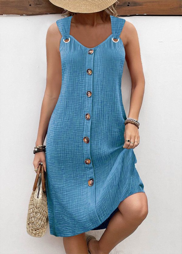 Breathable Dusty Blue A Line V Neck Sleeveless Dress