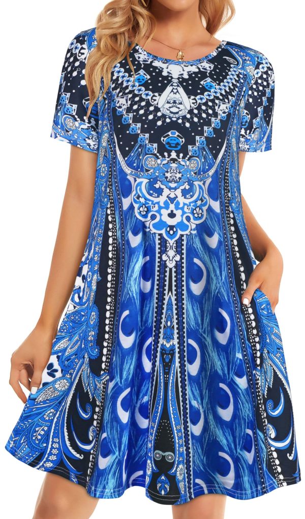 Womens Summer Dresses Beach Casual Loose Tshirt Floral Short Sleeve Flowy Pockets Sundresses