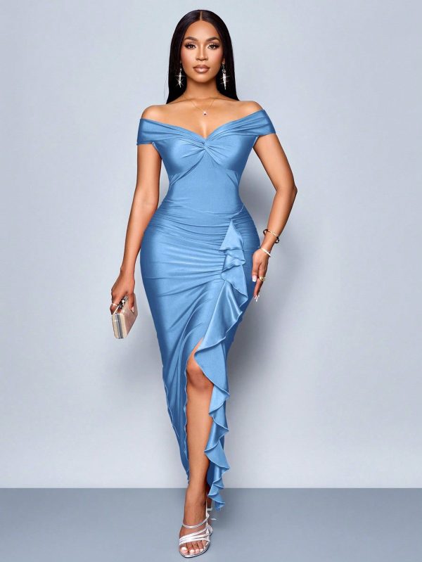 Summer Autumn Women's Clothing Party Burgundy Off-Shoulder Short Sleeves Center Front Chest Knot Side Smocking Front Slits Ruffle Trim Maxi Dress