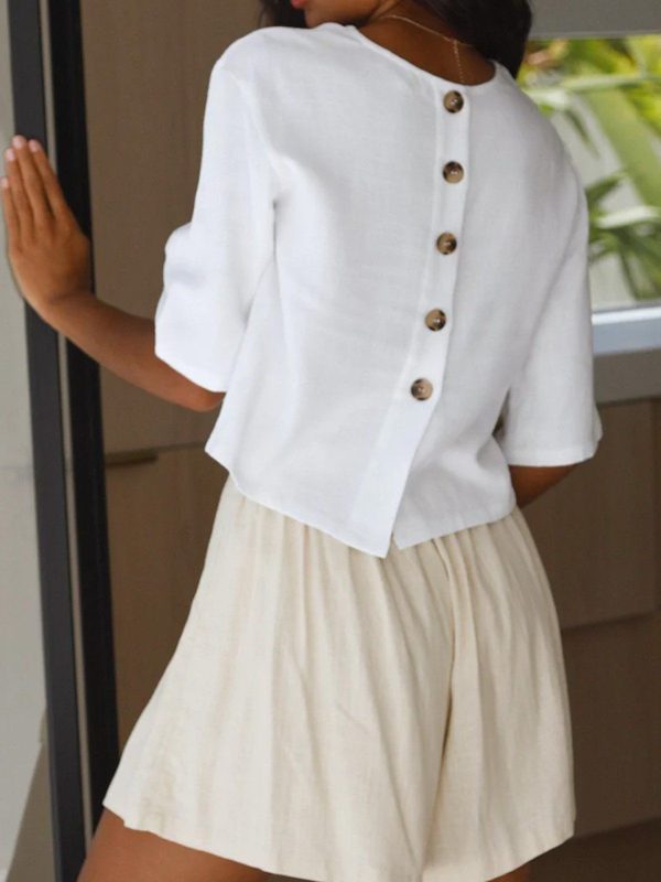 Women Casual Plain Summer No Elasticity Daily Short Sleeve Crew Neck H-Line Buckle Shirts