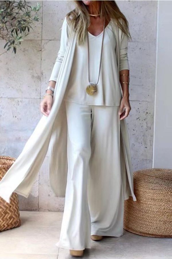 Casual Street V Neck Long Sleeve Three Pieces(4 Colors) - White / 3XL