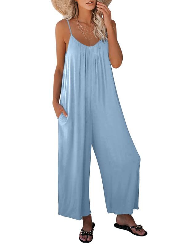 Dokotoo Women's Loose Sleeveless Jumpsuits Adjustable Spaghetti Strap Stretchy Long Pant Romper Jumpsuit with Pockets