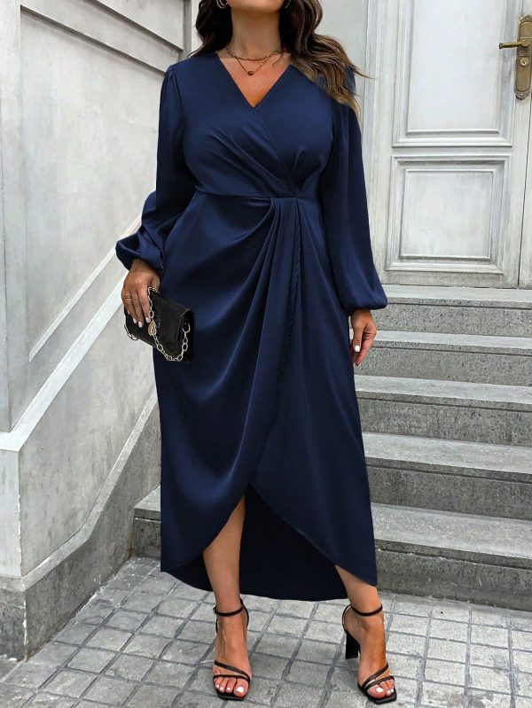 Elegant Plus Size V-Neck Lantern Sleeve Wrap Dress for Spring & Autumn - Navy Blue / 0XL
