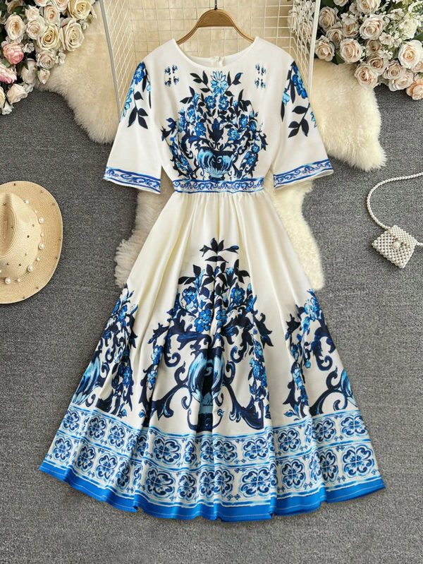 Women's Casual Daily Waist Cinched Short Sleeve A-Line Ceramic Print Dress, Summer