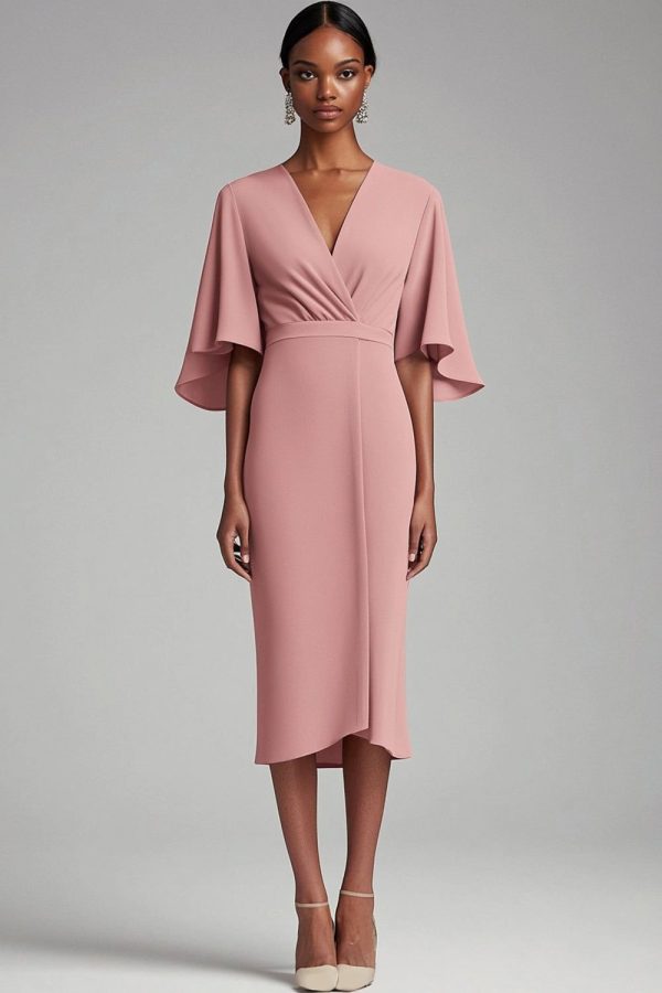 Zapakasa Women Pink V Neck Mother Of Bride Dress Bodycon Chiffon Long Mother Dress with 1/2 Sleeves