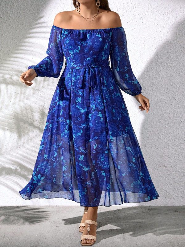 Plus Size Women's Open Shoulder Blue Rose Floral Print Vacation Dress