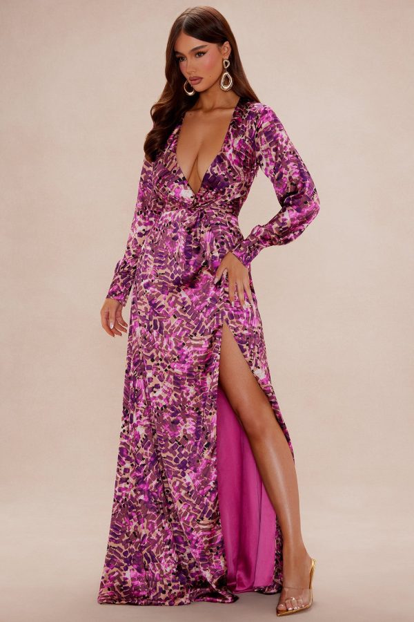 Women's Rylin Long Sleeve Satin Maxi Dress Combo in Purple Size 1X